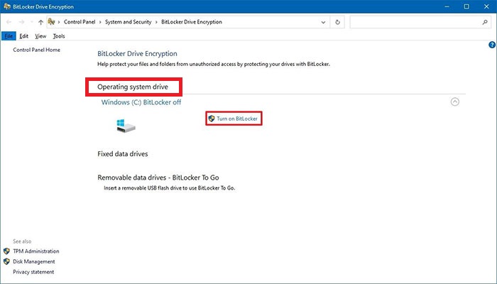بر روی گزینه "Turn on BitLocker" کلیک کنید.