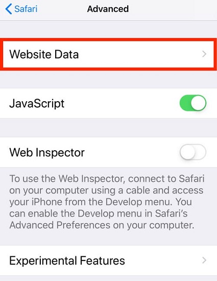 کلیک بر روی گزینه Website Data